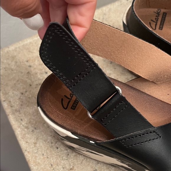 Clarks Black and White Patterned Wedge Sandals - Picture 3 of 8
